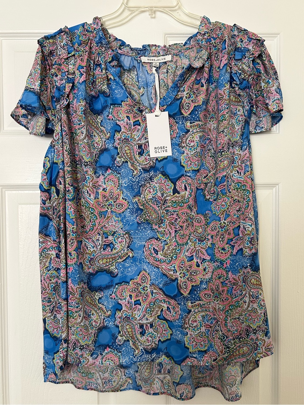 Rose & Olive Blue Paisley Ruffle Tie-Neck Blouse Size 1X